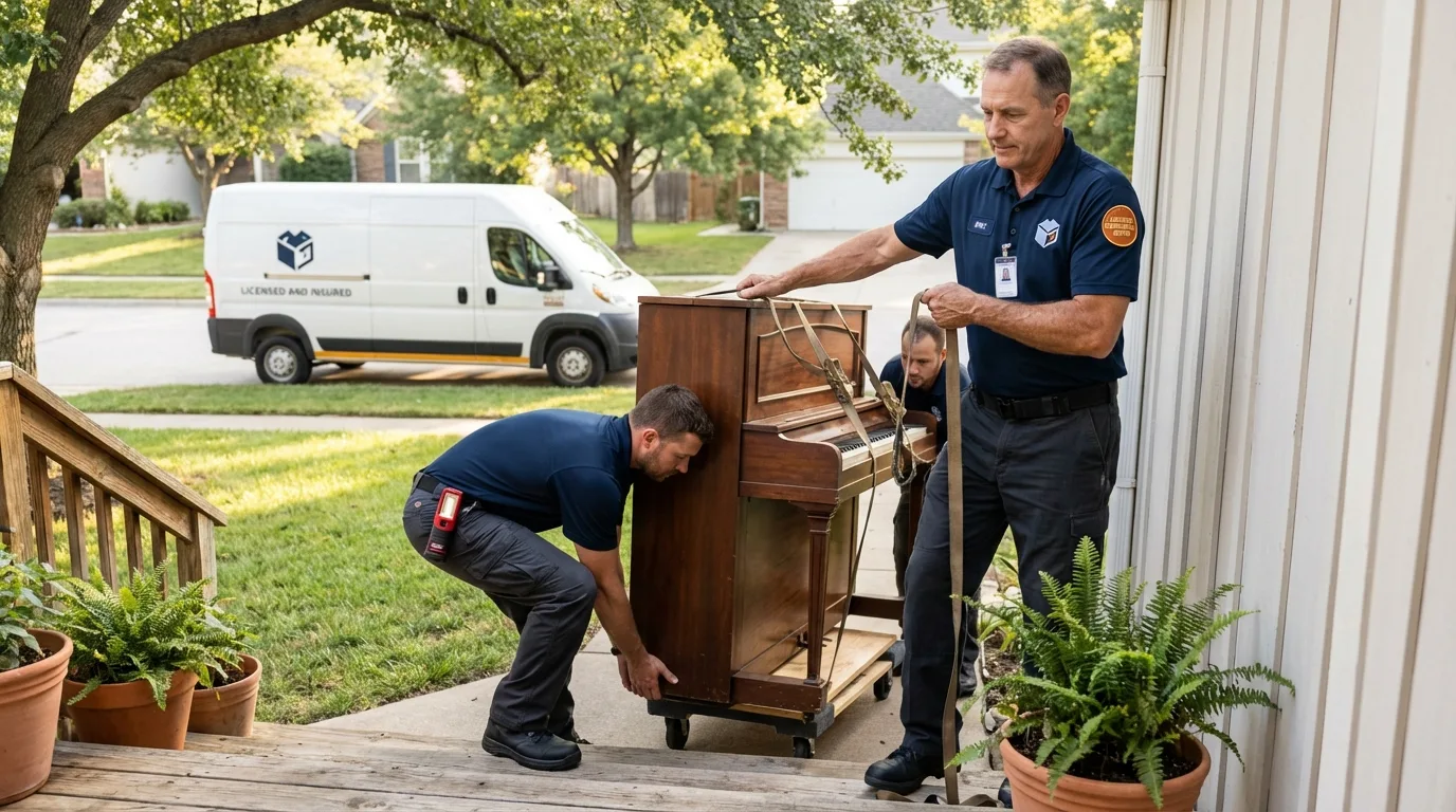 Licensed piano movers securing grand piano in Slayton, MN
