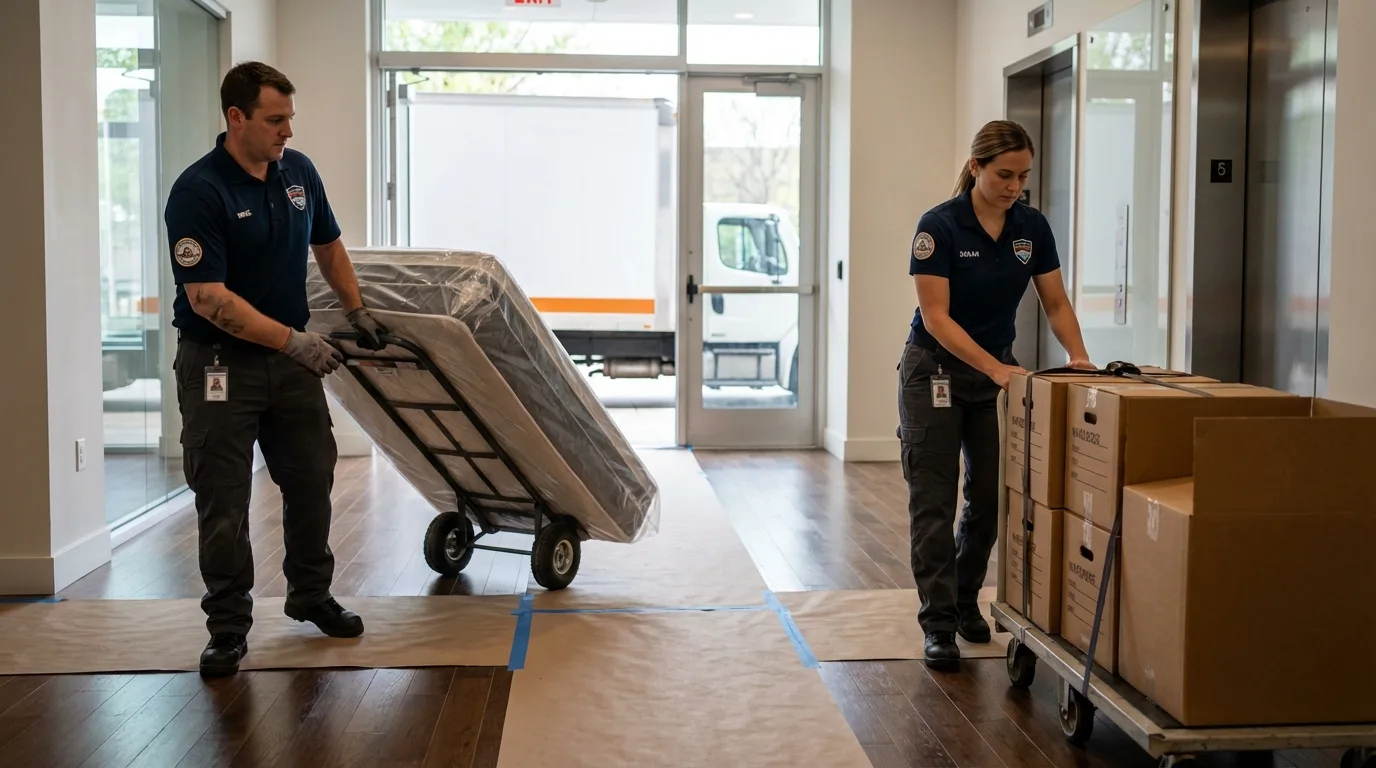 Professional apartment movers loading elevator in Slayton, MN