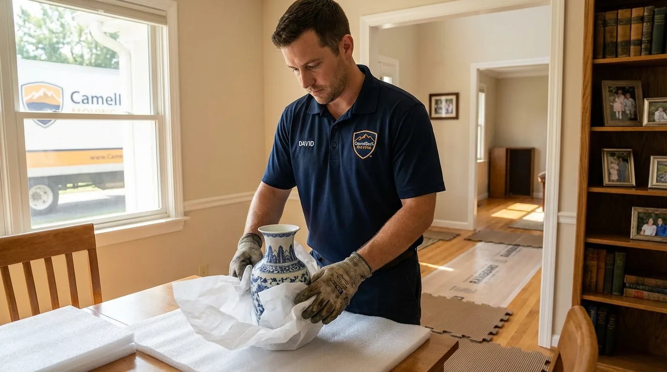 Professional crew carefully wrapping antique vase for senior downsizing move in Slayton, MN